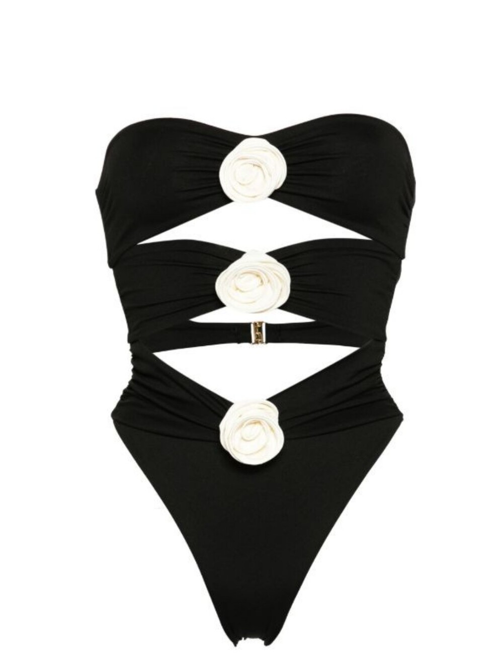 Black Cutout One-Piece Swimsuit with White Floral Accents Lg